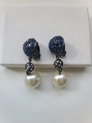 JOAN BOYCE Blue Crystal Faux Pearl Dangle Clip On Earrings 90s Marked - Image 1 of 4