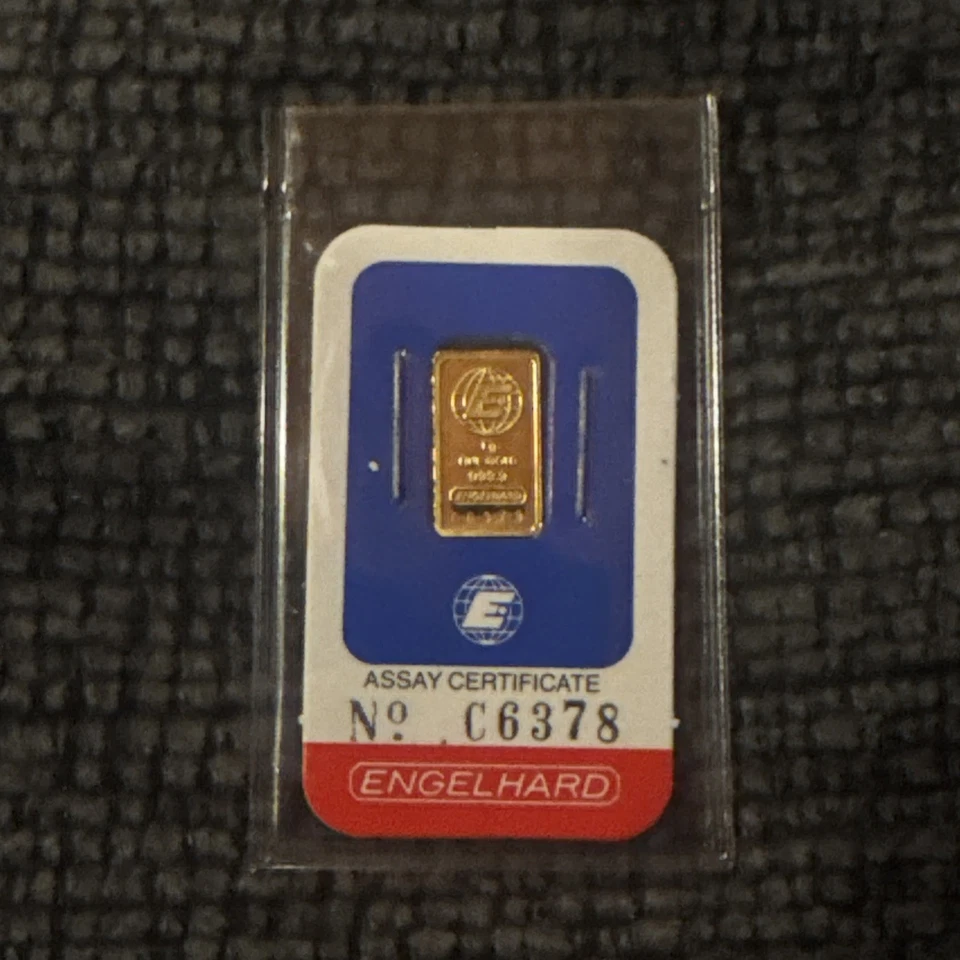 ENGELHARD 1 GRAM GOLD BAR IN VINTAGE ASSAY Cert - Image 1 of 2