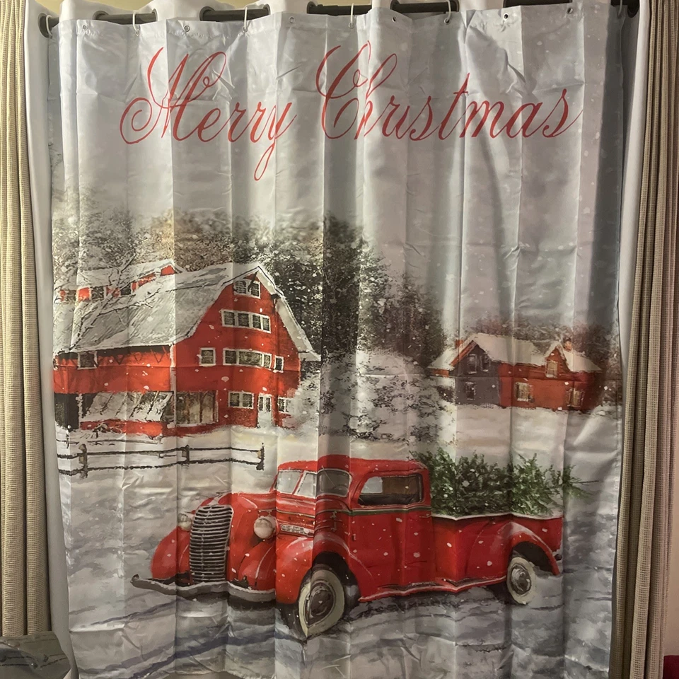 Vintage Farm Truck w/Barn/Merry Christmas /Winter Holiday Shower Curtain w/Hooks - Image 1 of 1
