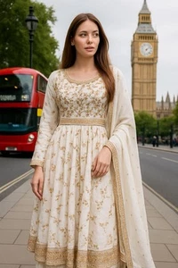 Indian Pure Silk Long Dress With Gold Zari Work And Stone Work Sizes 36 Upto 46 - Picture 1 of 2