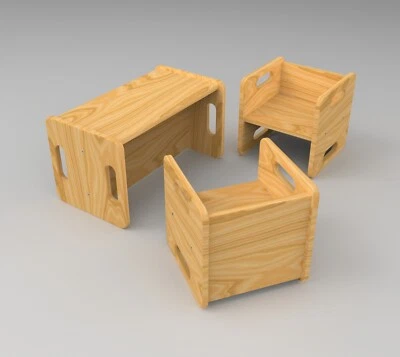 Kindersitzgruppe, Kindertisch mit Stühlen, Wendehocker Lackiert (2+1) - Bild 1 von 4