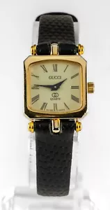 Orologio Vintage 20mm Gucci Stack Donna Cassa Oro Quadrato Cinturino Pelle Nero - Foto 1 di 9