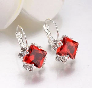 LUXURY RED CRYSTAL DIAMOND LEVERBACK HOOP EARRINGS - Picture 1 of 1