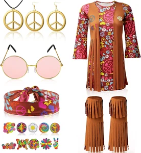 18 Pcs Hippie Costume Set 70S 60S Outfits Hippie Dress Fringe Vest Party Accesso - Picture 1 of 7