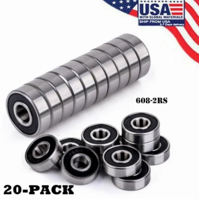 608-2RS Ball Bearing 8x22x7 Two Rubber Sealed Chrome Skateboard 608RS (20pcs) - Image 1 of 4