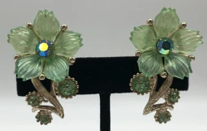 Vtg Selro Selini Signed Clip On Earrings Green Lucite Flower AB Rhinestones MCM - Picture 1 of 7