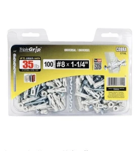 Triple Grip #8 x 1-1/4” Gray Ribbed Anchors with Screws (100-Pack) PCS. - Picture 1 of 3