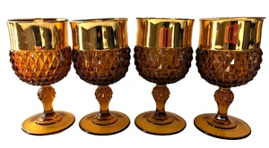 4 Indiana Glass Amber Diamond Point Water Wine Glass Wide Gold Rim 6.5"x3.5/8" - Picture 1 of 12
