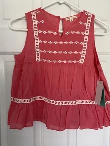COPPER KEY Girls Sleeveless Coral Ruffle Embroidered Blouse Size XL (12-14) NEW - Picture 1 of 9