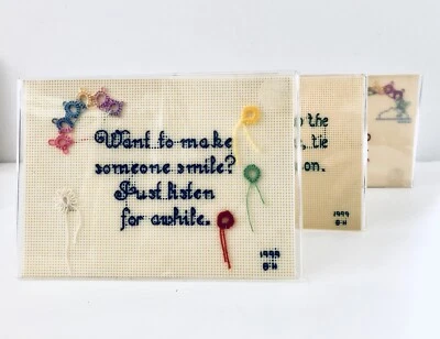 3 Beautiful Vintage Handmade Needlepoint Canvas 7” X 5” Stands 1999 Betty Harris - Image 1 of 4