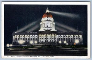 1920's SALT LAKE CITY UTAH STATE CAPITOL BUILDING AT NIGHT ANTIQUE POSTCARD - Picture 1 of 2