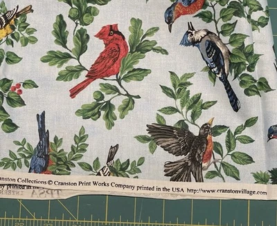 Red, Blue, Yellow Birds On Blue Background Fabric Cranston Print Works Co. USA - Image 1 of 4