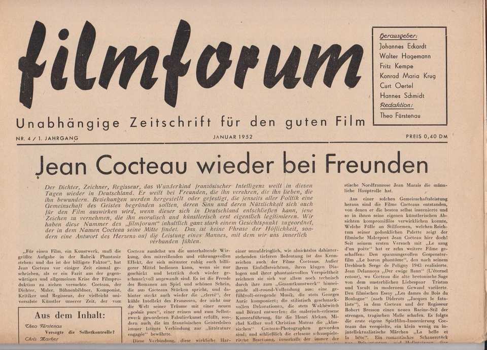 Filmforum, 1st Year 1952, No 4-9. Independent Magazine for the Good Film. - Image 1 of 1