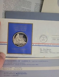 Postmasters Of America .925 Silber PP Medaille Dichter Lanier Ersttagsbrief - Bild 1 von 17
