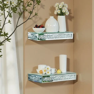 1/2 Silver Mirrored Crush Diamond Floating Wall Shelf Display Ladge Tray Storage - Picture 1 of 20