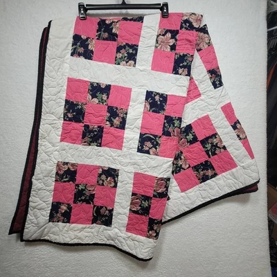 Edredón de retazos hecho a mano floral rosa azul marino a cuadros - 68x84 tamaño completo/tiro Foto 1 de 4