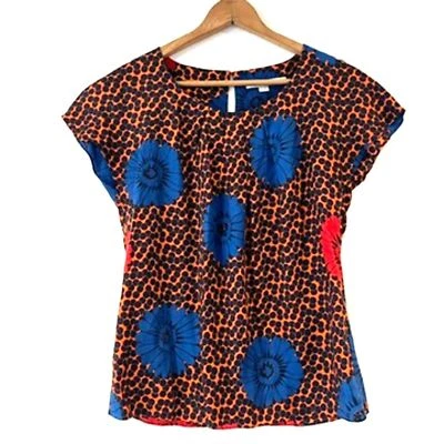 Blusa Boden Seda Naranja Azul Floral Mangas Cortas Talla 4 WA560 Margarita Foto 1 de 4