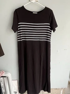 Talbots Stripe 100% Cotton Shirt Dress Womens Petite Large Black white - Picture 1 of 6