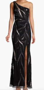 NWT Aidan Mattox One-Shoulder Beaded Slit Gown Black Size 12 - Picture 1 of 17