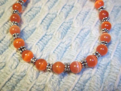 Handmade 8 1/2 in DARK ORANGE Cat Eye and Tibetan Silver Bead BRACELET G-30 - Image 1 of 3