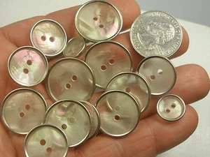 White Plastic Mother of Pearl Button Silver Rimmed  13/16, 11/16, 1/2   #M13 - Picture 1 of 9