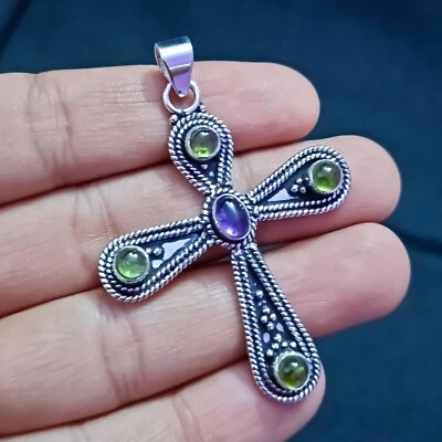 Amethyst & Peridot Edelstein 925 Sterling Silber Kreuz Anhänger Familienfunktion - Bild 1 von 4