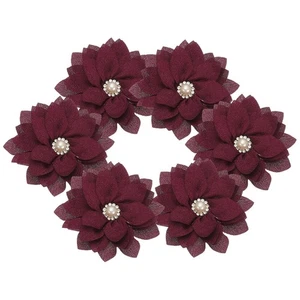 Flor de gasa con diamantes de imitación de 2,36 pulgadas, apliques de tela de 6 piezas, rojo vino - Imagen 1 de 7
