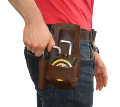 Men waist Bag belt pack Tape measure holder tool case Cow Leather brown H613-1 - Image 1 of 4