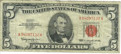 1963 5$ United States Note - Red Seal Right, KOG/CDD A54097132A - #13567 - Image 1 of 2