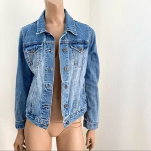 Sunset + Spring Ruffle Trim Blue Denim Jacket S - Picture 1 of 9