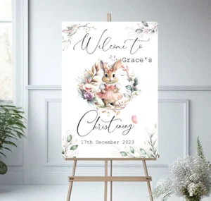 Personalised pink Rabbit christening Welcome sign, A3 poster, banner, backdrop - Picture 1 of 2
