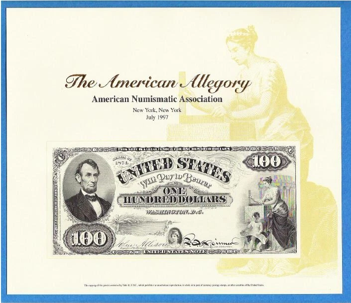 BEP souvenir card B 221 ANA 1997 face proposed 1874 $100 Legal Tender Lincoln - Image 1 of 1
