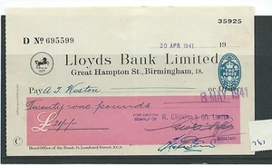 wbc. - CHEQUE - CH767 - USED -1941 - LLOYDS, Gt. HAMPTON St. BIRMINGHAM - Picture 1 of 1
