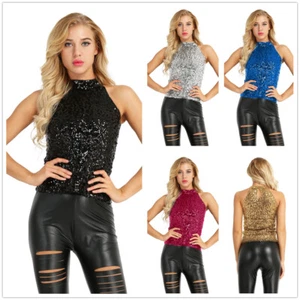 Women's Sparkle Sequin Turtleneck Summer Embellished Sleeveless Vest Tank Tops - Picture 1 of 39