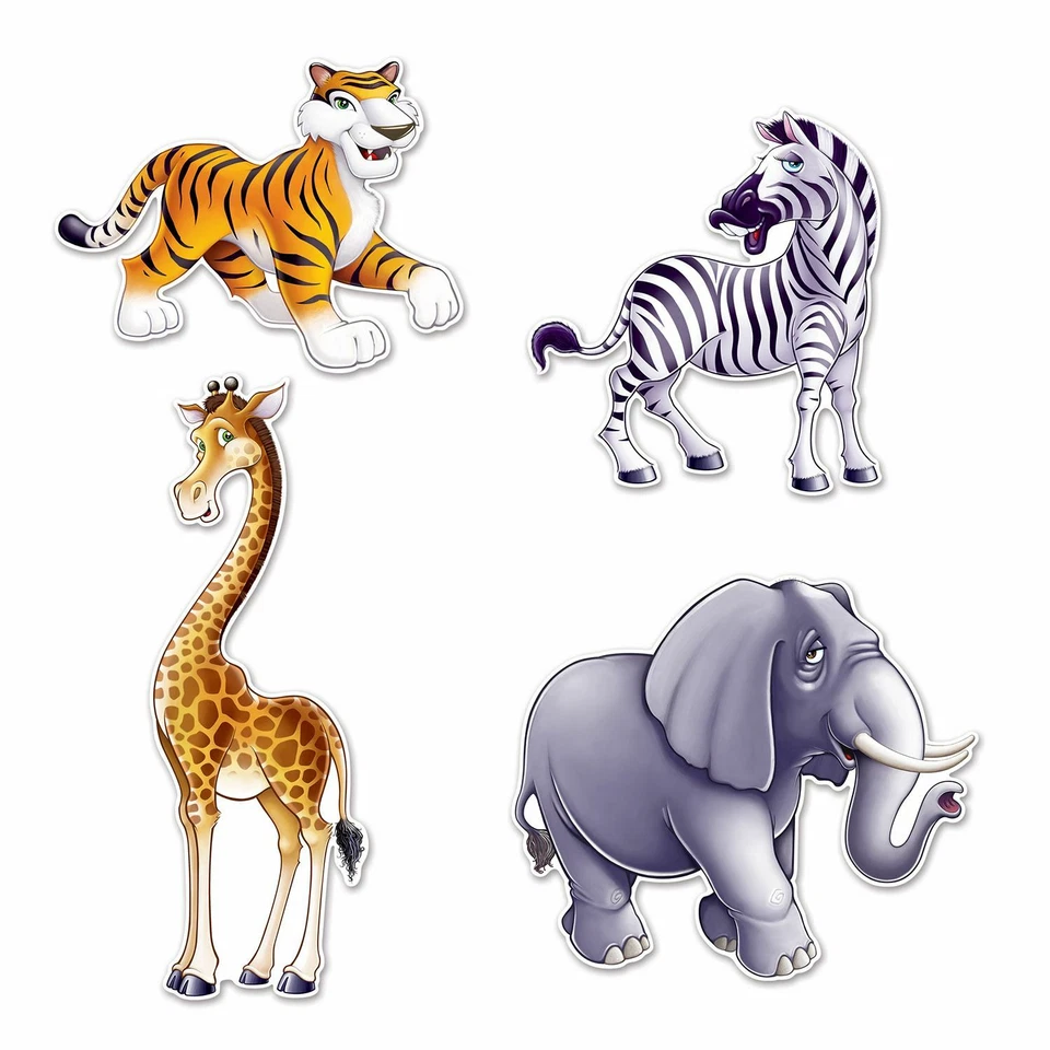 4 X LARGE SAFARI ANIMAL CARD CUTOUTS (39 - 63CM) SAFARI ANIMAL PARTY DECORATIONS - Image 1 of 1