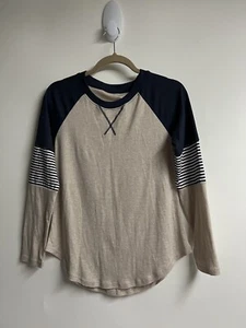 Mujer Pullover Beige Azul Marino Rayas Mangas Largas Mezcla Algodón Talla Pequeña Camisa - Imagen 1 de 8