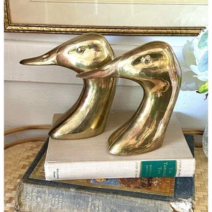Vintage MCM Heavy Solid Brass Duck Mallard Head Bust Bookends - Picture 1 of 4