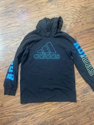Boys Black Blue Adidas Long Sleeve Hooded T-Shirt size M Medium 10/12 - Image 1 of 4