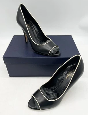 Brooks Brothers Cuero Genuino Punta Abierta Negro Crema Tacones Talla 7 Hecho en Italia Foto 1 de 4