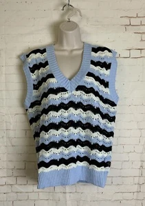 Suéter tejido sin mangas con cuello en V a rayas azul blanco para mujer talla L - Imagen 1 de 3
