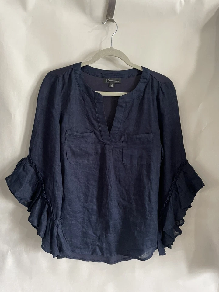 INS Internacional Concepts Blouse Navy Blue Ruffle Sleeve 100% Linen Back Rayon  - Image 1 of 4