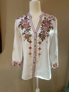 NEW! Johnny Was White, Pink floral embroidered Blouse, Tunic, Top Size XS - Picture 1 of 14