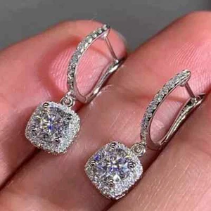 4Ct Round-Cut Real Moissanite Drop Dangle Women's Earrings 14k White Gold Plated - Picture 1 of 5