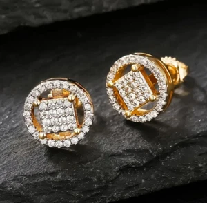 Luxe Paved 14K Gold Plated Round Cut Halo Cubic Zirconia Men Women Stud Earrings - Picture 1 of 4