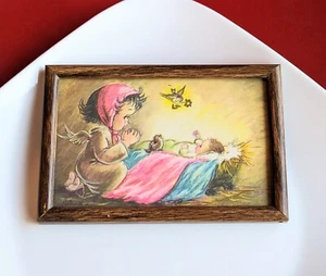 Vintage gerahmtes Ephemera Jesuskind Schutzendergebet Mädchen Engel Krippe Eve Rockwell - Bild 1 von 13
