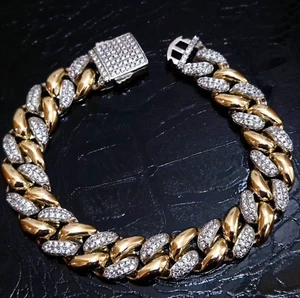 Two Tone 14mm Cuban Curb Link Chain Bracelet Iced Out 18K Gold Silver Layered - Picture 1 of 4