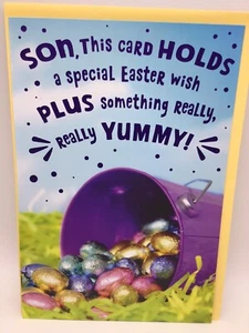 Hallmark Happy Easter Day Card SON FUNNY 8x5.5 Foil Eggs Chocolate Bunny - Picture 1 of 4