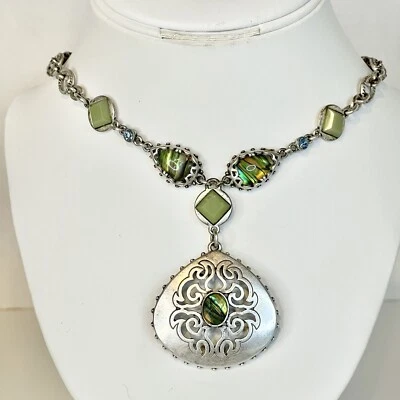 Collar y colgante de plata vintage madreperla verde reversible negro plata Foto 1 de 4