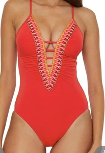 BECCA Delilah Women's Crochet Trim One Piece Swimsuit Plunge Neck Sz M Fire Red - Picture 1 of 4