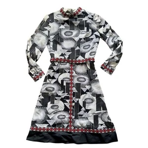 Vintage 70s R&K Knits Black & White Geometric Long Sleeve Dress Red Accents XS - Picture 1 of 14